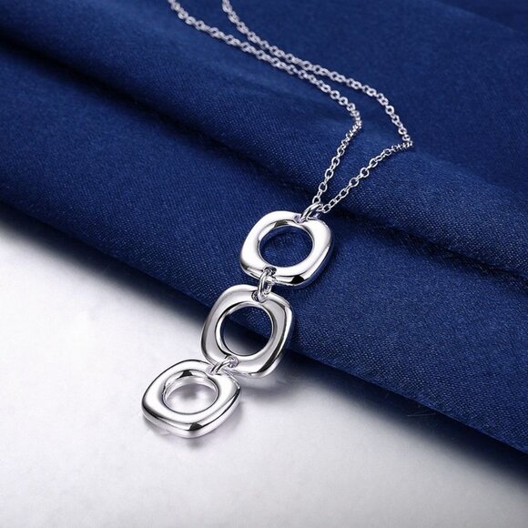 Leanna Geo Retro Open Square Trio Drop Sterling Silver Necklace Gift Boxed - Picture 6 of 10